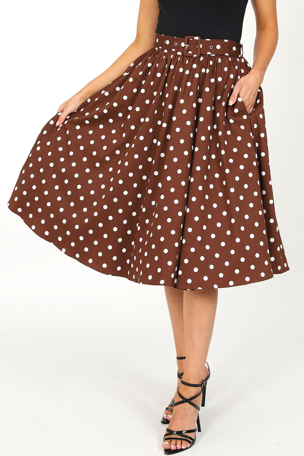 Paula Polka Dot Swing Skirt in Brown